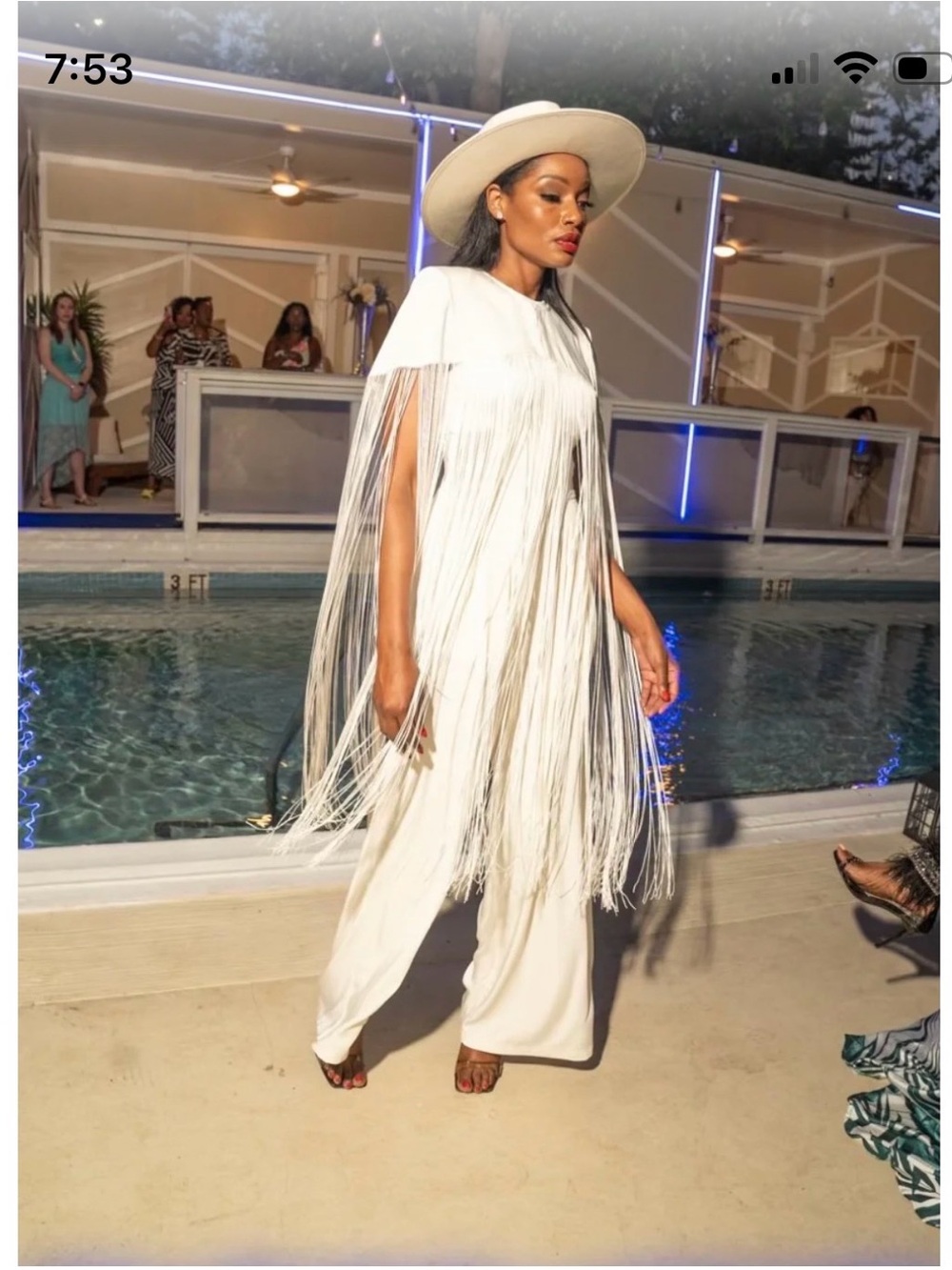 Elegant White Fringe detachable Cape and Jumpsuit Set- 2Piece - Picture 4 of 16